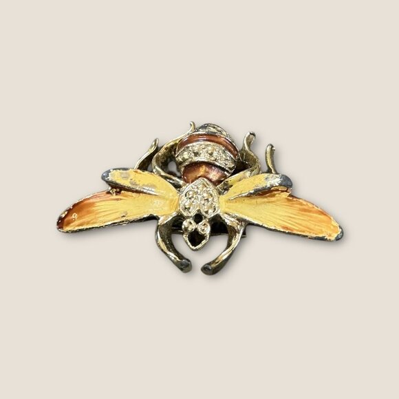 Vintage Bee Brooch Gold-Tone Rhinestone Accents Yellow & Brown Enamel 1.5x1 Inch - Picture 3 of 4